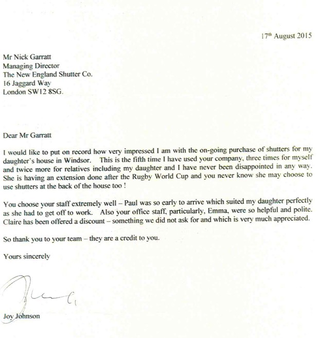 Joy Johnson Testimonial for our excellent customer service