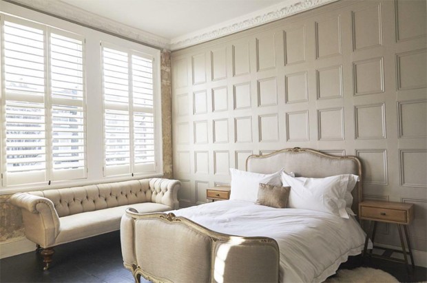 panelled bedroom with New York design shutters, image courtesy of jj locations