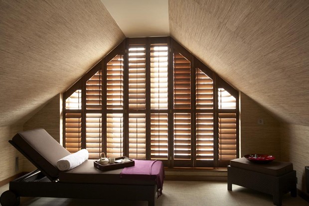 American Black Walnut shaped shutters 89mm blades, Manhattan design